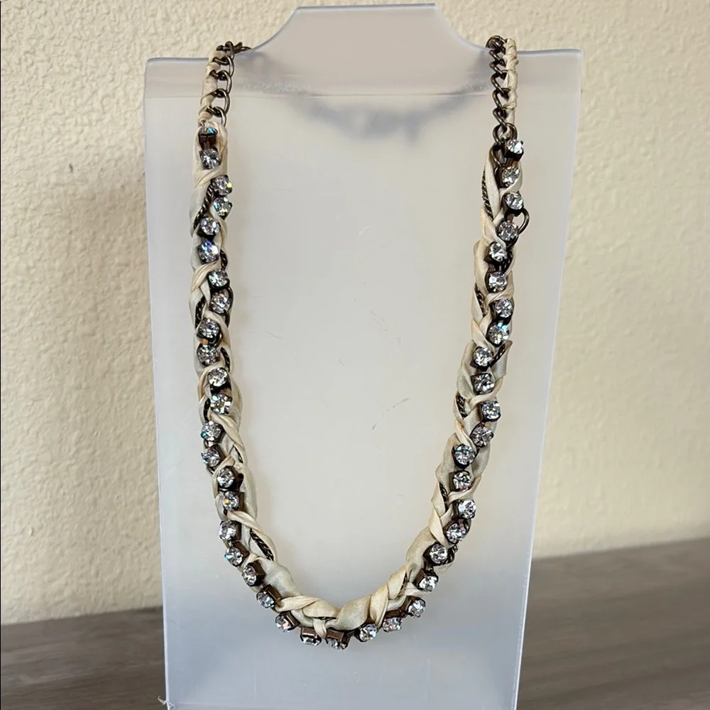 J. Crew Bronze Chain & Ivory Ribbon Necklace With Rhinestones